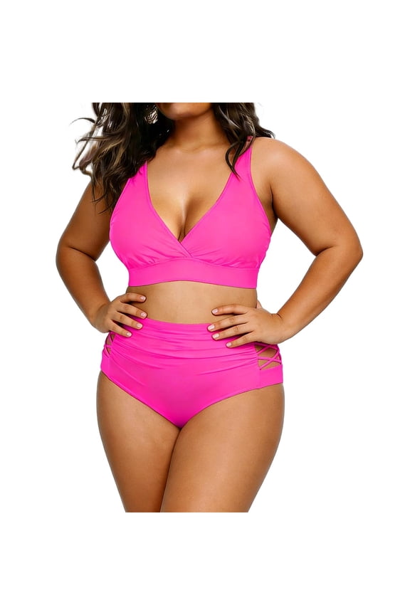 Bikini Sets for Women Plus Size V Neck Cross Back High Waisted Two Piece Bathing Suits Ruched Tummy Control High Cut Flattering Beachwear
