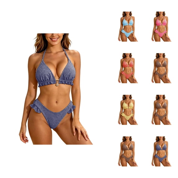 Bikini Sets for Women Ruffled Halter Triangle Bikini Top with Swim Bottom Two Piece Swimsuit Bathing Suit