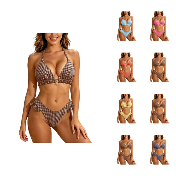 Bikini Sets for Women Ruffled Halter Triangle Bikini Top with Swim Bottom Two Piece Swimsuit Bathing Suit