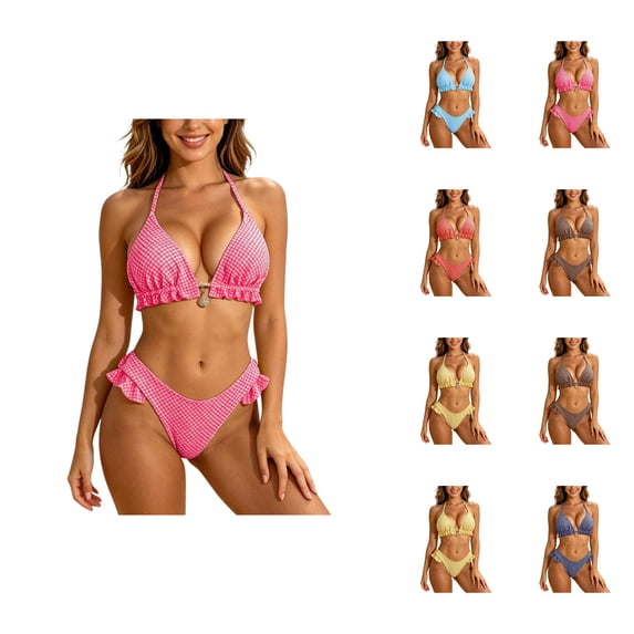 Bikini Sets for Women Ruffled Halter Triangle Bikini Top with Swim Bottom Two Piece Swimsuit Bathing Suit
