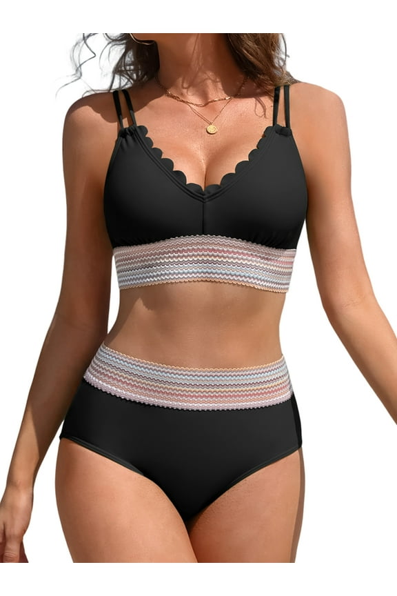 Bikini Sets for Women Scalloped Trim Bathing Suits High Waisted Tummy Control Two Piece Swimsuits 2025