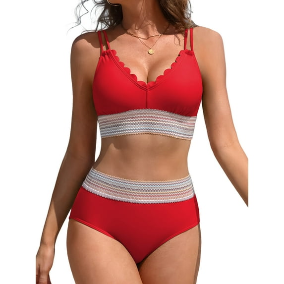 Bikini Sets for Women Scalloped Trim Bathing Suits High Waisted Tummy Control Two Piece Swimsuits 2025