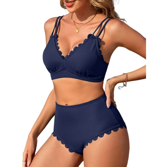 Bikini Sets for Women Scalloped Trim Swimsuits High Waisted Tummy Control Two Piece Bathing Suits 2025
