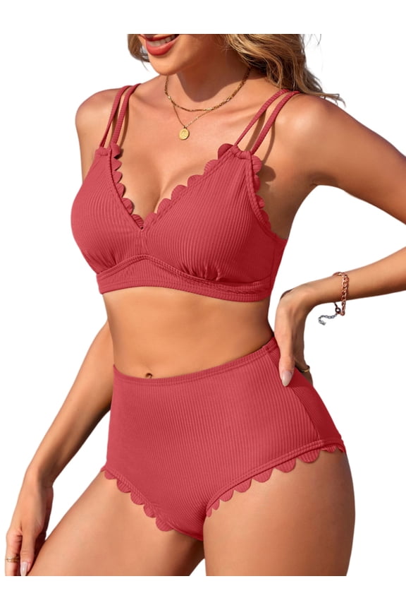 Bikini Sets for Women Scalloped Trim Swimsuits High Waisted Tummy Control Two Piece Bathing Suits 2025