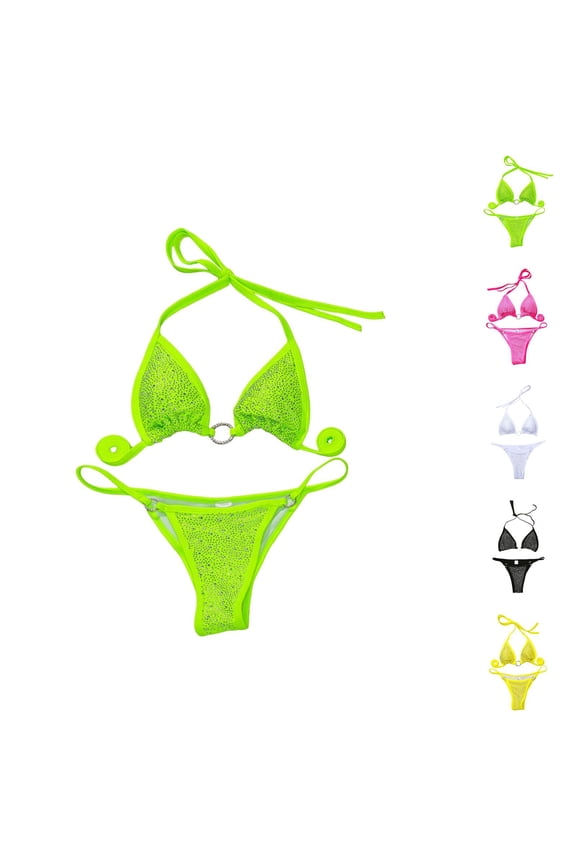 Bikini Sets for Women Shiny Rhinestone Halter Triangle Bikini Top with Swim Bottom Bathing Suits Swimsuit Swimwear