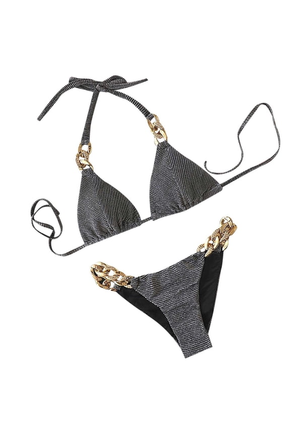 Bikini Sets for Women Summer Solid Two-Piece Velvet Rhinestone Metal Chain Bikini Swimsuit Swimwear