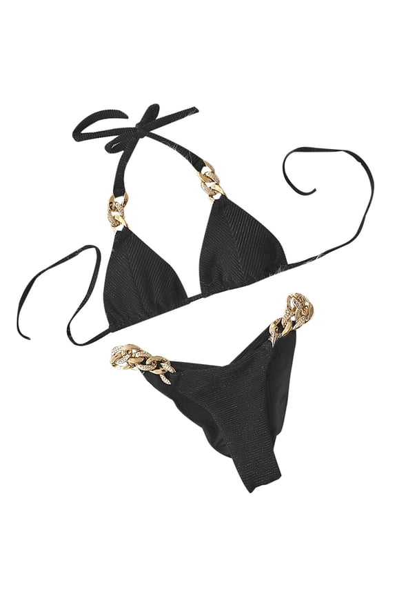Bikini Sets for Women Summer Solid Two-Piece Velvet Rhinestone Metal Chain Bikini Swimsuit Swimwear