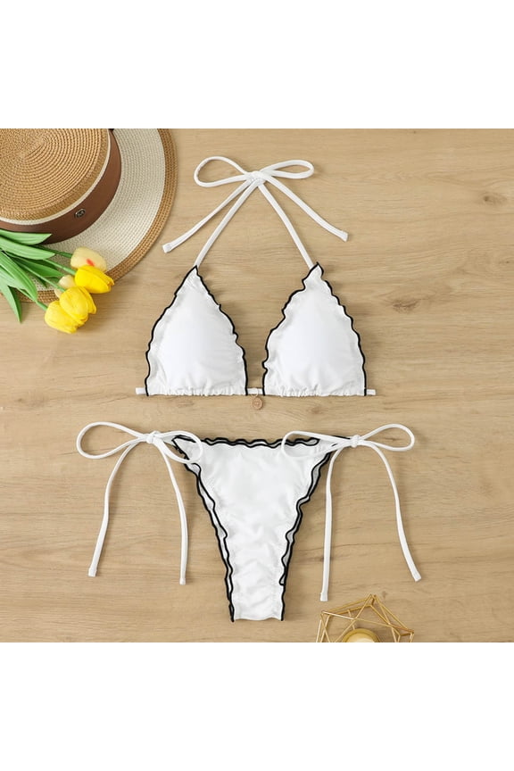 Bikini Sets for Women Triangle String Bikini Set Color Block Ruffle Trim Two Piece Brazilian Swimsuit Spaghetti Strap Tie Swimwear
