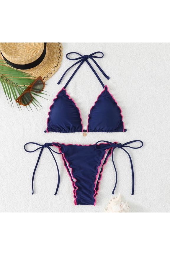 Bikini Sets for Women Triangle String Bikini Set Color Block Ruffle Trim Two Piece Brazilian Swimsuit Spaghetti Strap Tie Swimwear