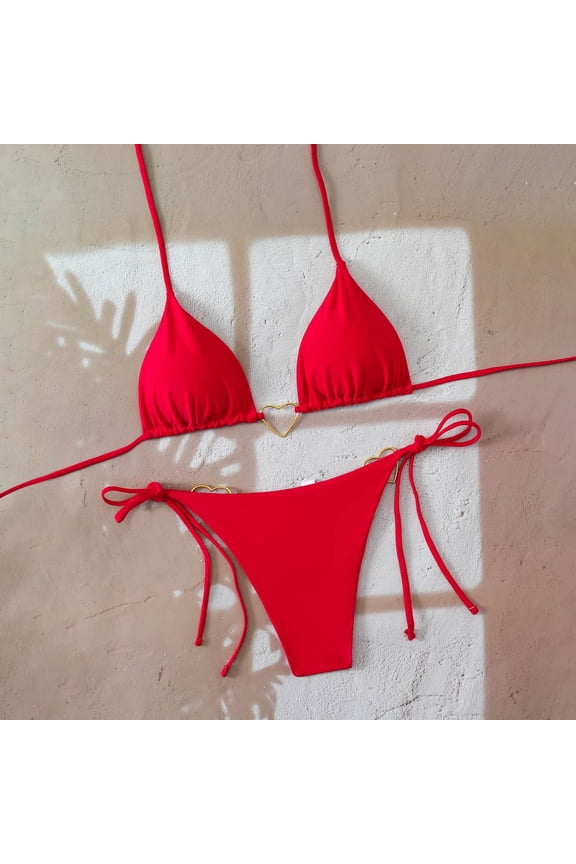 Bikini Sets for Women Two Piece Swimsuits Metal Heart Halter String Triangle Bathing Suit Tie Side Bottom Swimwear