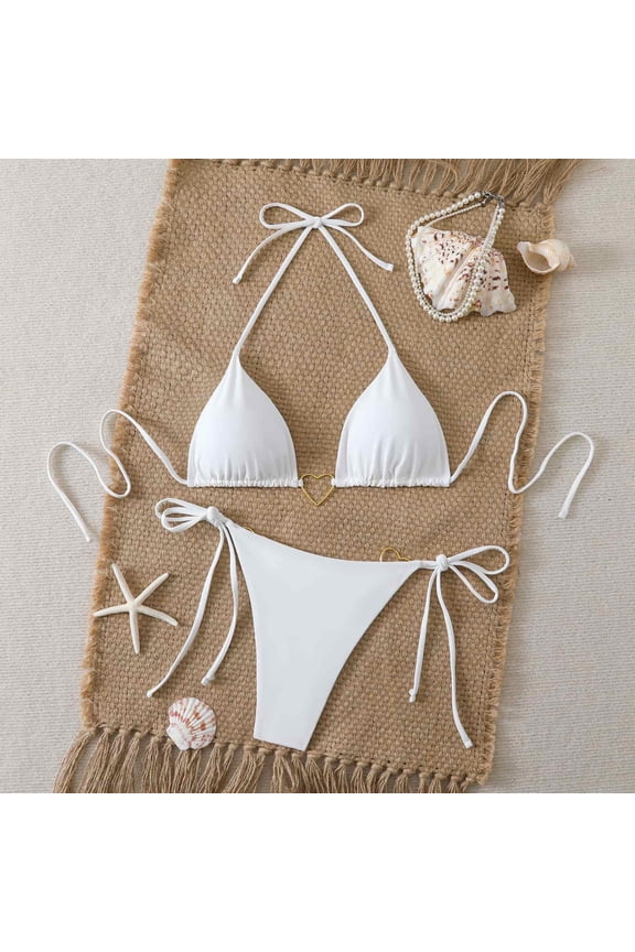 Bikini Sets for Women Two Piece Swimsuits Metal Heart Halter String Triangle Bathing Suit Tie Side Bottom Swimwear