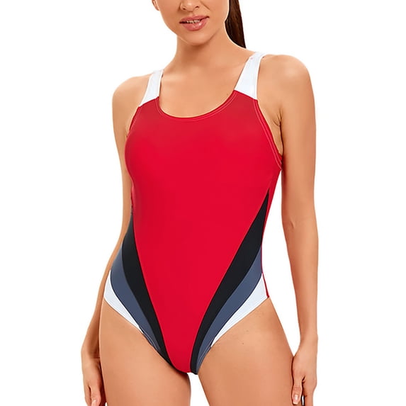 Bikini Swimsuit Yourumao Clearance Plus Size One Piece Swimsuits for Women Color Block Print Bathing Suits Vrew Neck Athletic Training Tummy Control Swimwear for Summer
