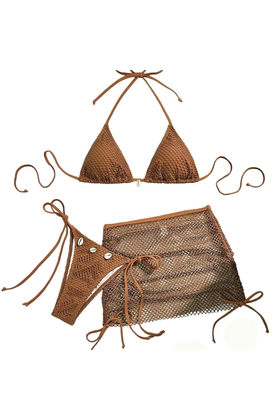 Bikini Swimsuits for Women 3 Piece with Drawstring Cover Up Skirt Boho Fishnet Halter String Bathing Suits (XL, Brown)