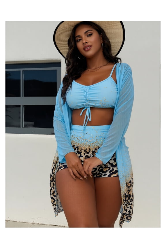 Bikini Three-Piece Set with Tie-Up Drawstring, Ruffled Spaghetti Straps, and Mesh Overlay High-End Elegant Casual Resort Beachwear for Women