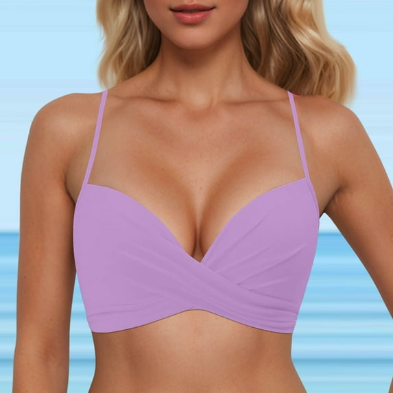 Bikini Top Women Swimwear Tops Underwire Full Coverage Push Up Swim Crop Top Tie Back Bathing Suit Tops Purple M