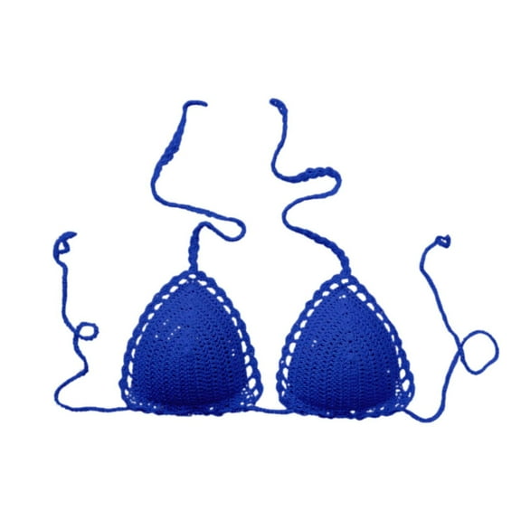 Bikini Tops For Women Solid Color Lined Casual Handmade Crochet Swimwear Top Only Blue L