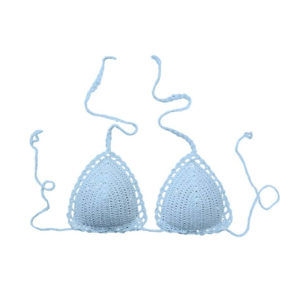 Bikini Tops For Women Solid Color Lined Casual Handmade Crochet Swimwear Top Only Light Blue L