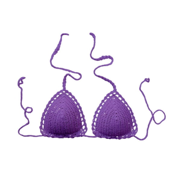 Bikini Tops For Women Solid Color Lined Casual Handmade Crochet Swimwear Top Only Purple M