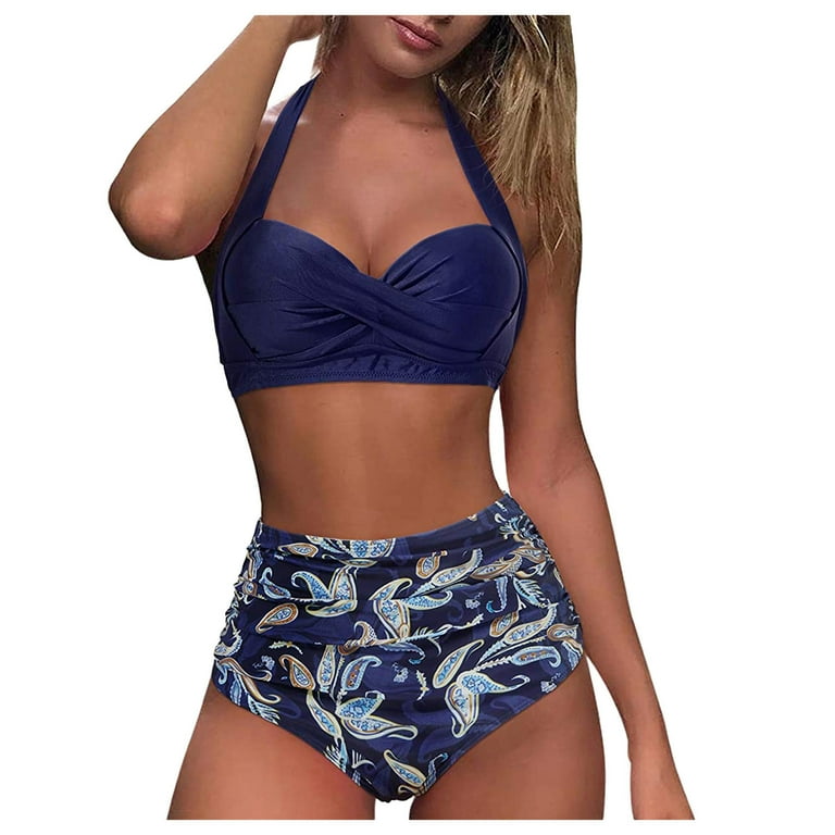 Bikini Tops for Women Large Bust Supportive Big Boys Bathing Suits Size 14 16 Waist Set Print Vintage Swimsuit Halter Bikini Women Piece Two Retro Swim Dress with Shorts for Women Shorts Bathing