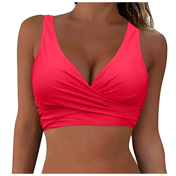 Bikini Tops for Women Push Up Women Lace Up Swimwear Tops Full Coverage Bikini Top Push Up Swim Crop Top Tie Back Bathing Suit Tops Female Womens Bikini & Tankini Tops(Watermelon Red,S)