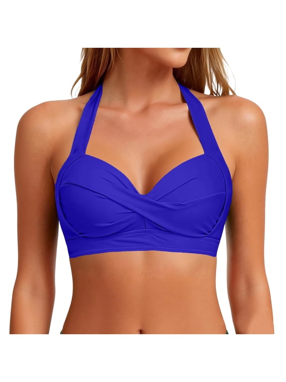 Women Bikini Top - Push Up Swimsuit Top Twist Front Swim Bra Retro Bathing Suit Royal Blue XL