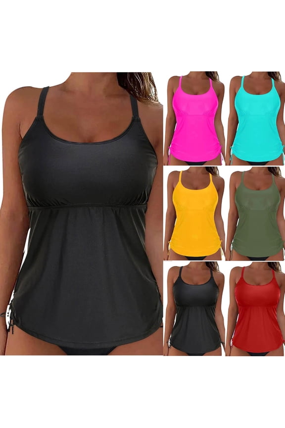 Bikini Tops for Women Only Ruched Tummy Control Camisole Bathing Suit Top Modest Crew Neck Padded Swim Tank Top No Bottom
