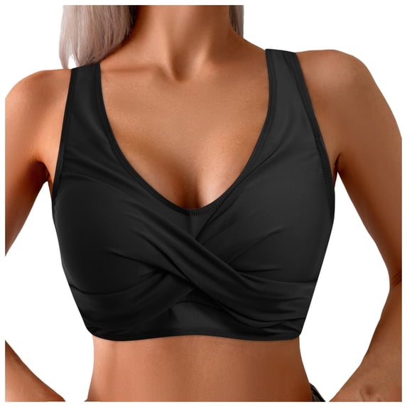 Bikini Tops for Women Twist Front Ruched Bathing Suit Adjustable Crisscross Back Cropped Tankini Swim Top Only