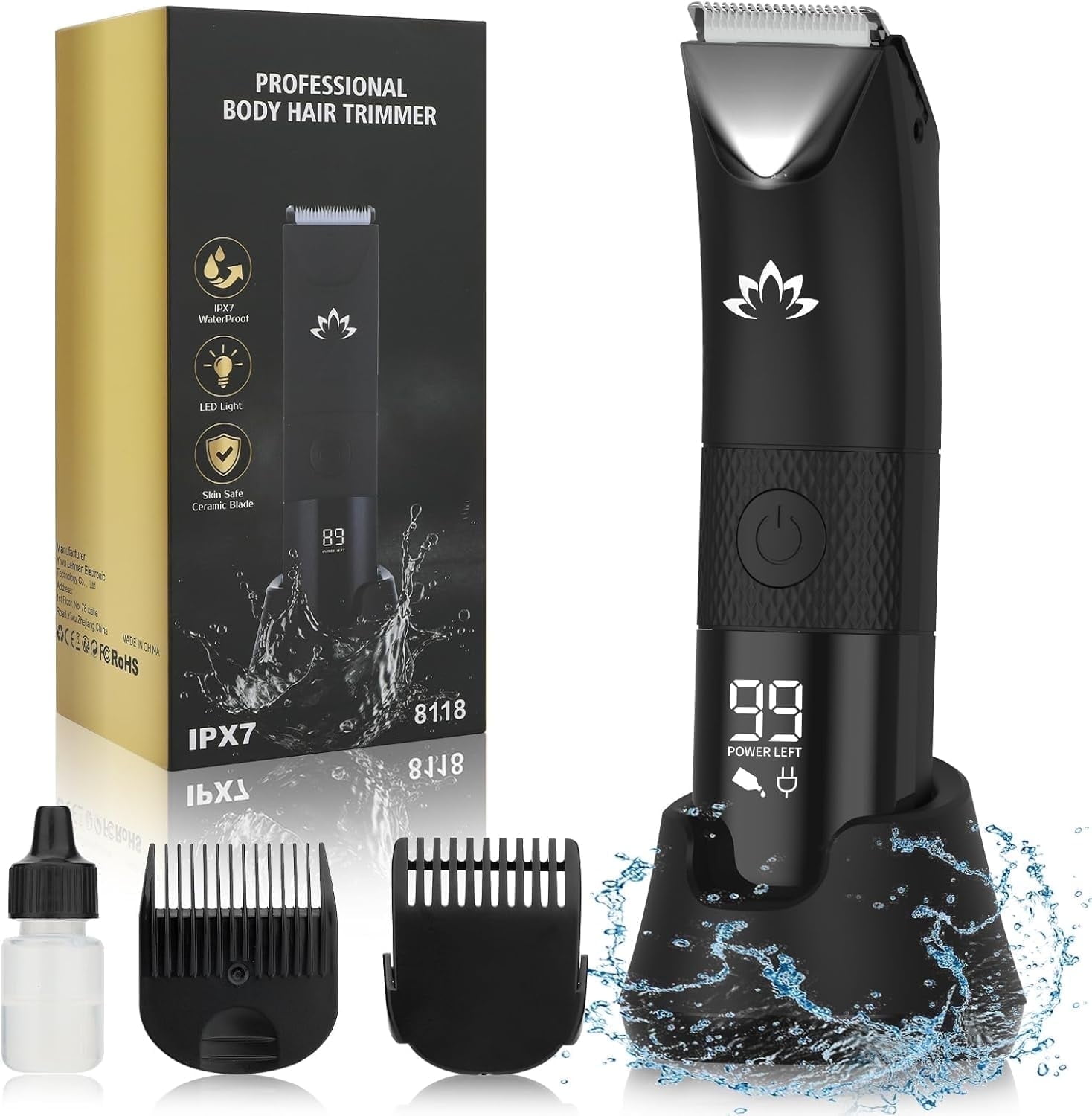 Hoey Trimmer for Men - Electric Body Hair Trimmer with Light, IPX7 Waterproof Electric Razor for Balls/Pubic/Groin/Legs/Chest Hair Removal, Lightweight with LED Display, Gifts for Him Dad
