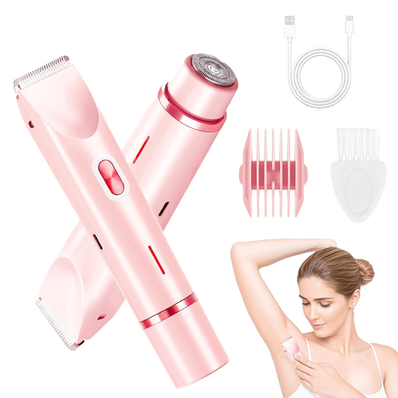 Bikini Trimmer for Women, 2 in 1 Electric Razors for Women, Dermave Bikini Shaver, IPX7 Waterproof & Easy Cleaning, Ceramic Blade, 120 Min Cordless Runtime, Ultra Low Silent(Pink).