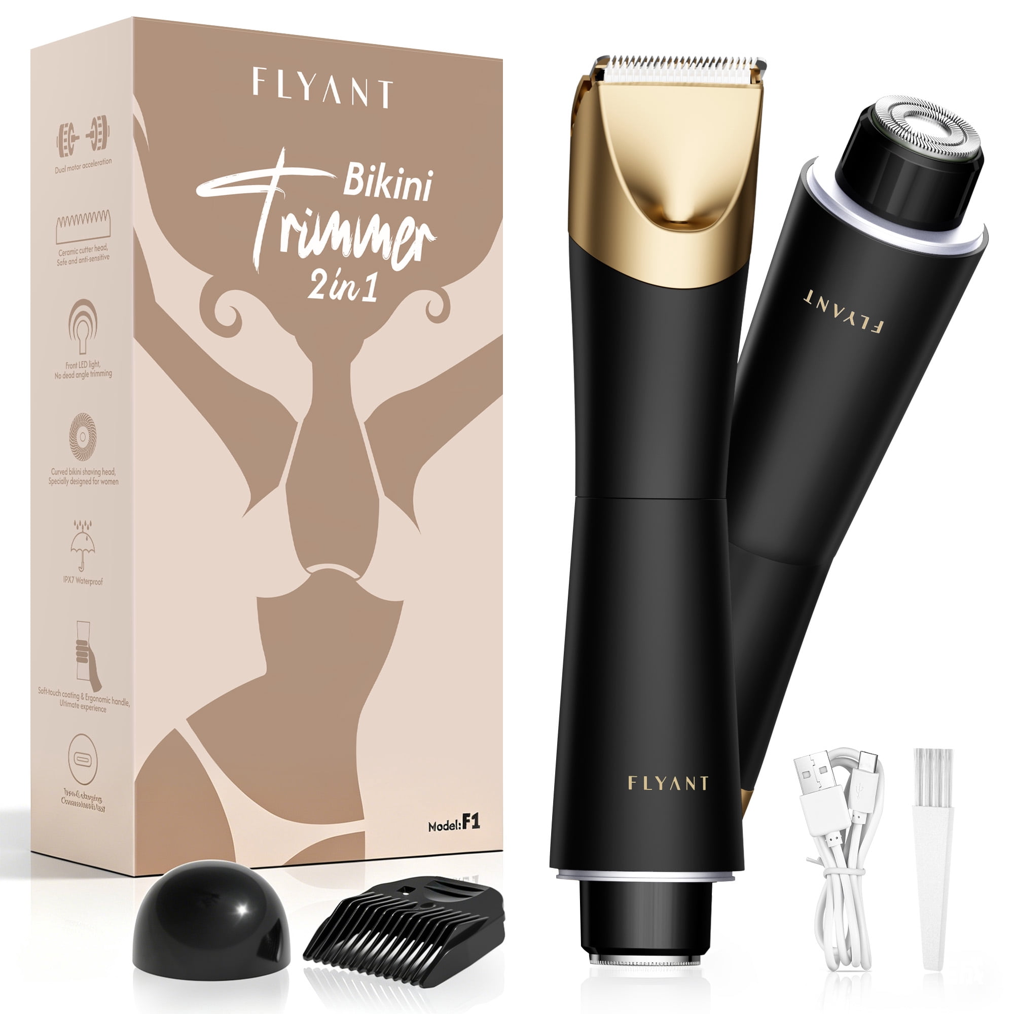 Bikini Trimmer for Women, 2 in 1 Electric Shaver for Women, Pubic Hair Trimmer Waterproof IPX7 with LED, Bikini Razor for Leg Arm Underarm Bikini Area, Christmas Gifts for Her - Black Gold