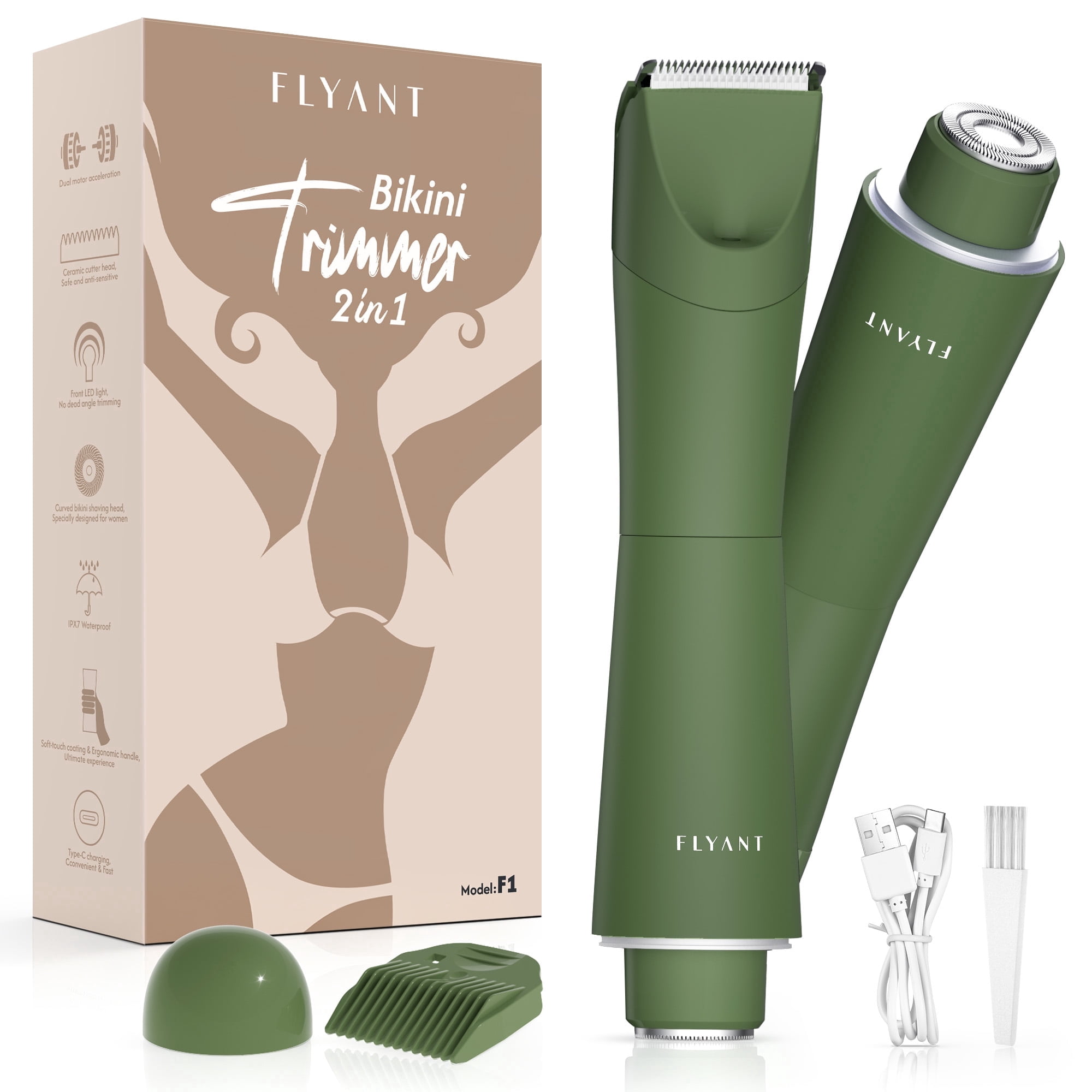 Bikini Trimmer for Women, 2 in 1 Electric Shaver for Women, Pubic Hair Trimmer Waterproof IPX7 with LED, Bikini Razor for Leg Arm Underarm Bikini Area, Christmas Gifts for Her - Dark Green