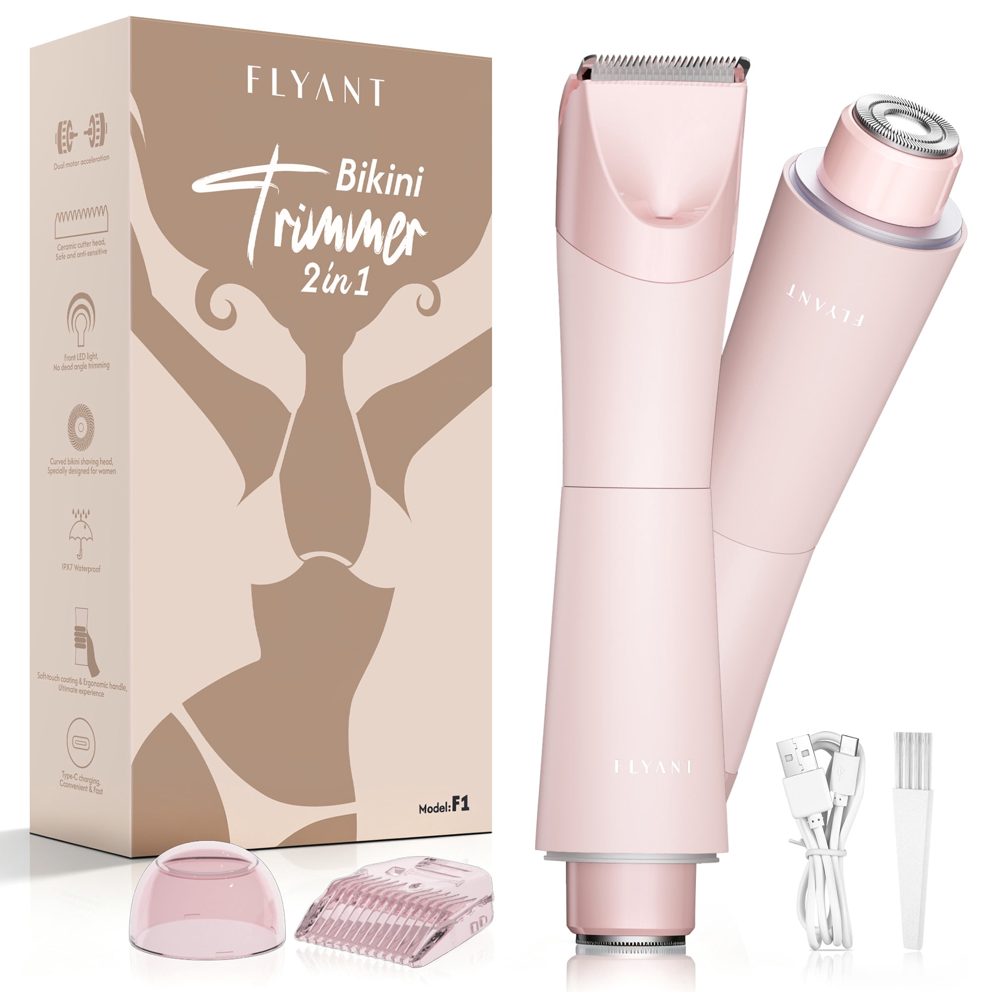 Bikini Trimmer for Women, 2 in 1 Electric Shaver for Women, Pubic Hair Trimmer Waterproof IPX7 with LED, Bikini Razor for Leg Arm Underarm Bikini Area, Christmas Gifts for Her - Rose Pink