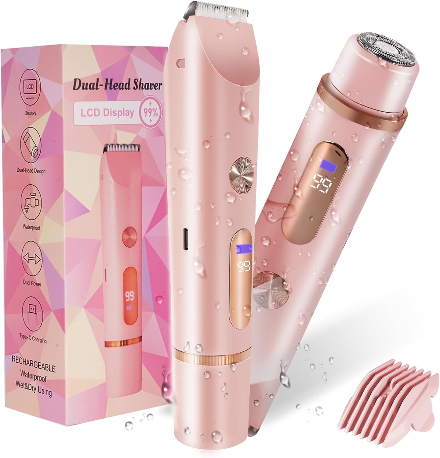 Bikini Trimmer for Women 2 in 1 High Power Epilators Hair Removal Waterproof Electric Razors Women's Electric Razor Pubic Hair Trimmer Shaver for Women for Ladies Pubic, Face, Underarms, Legs (Pink)