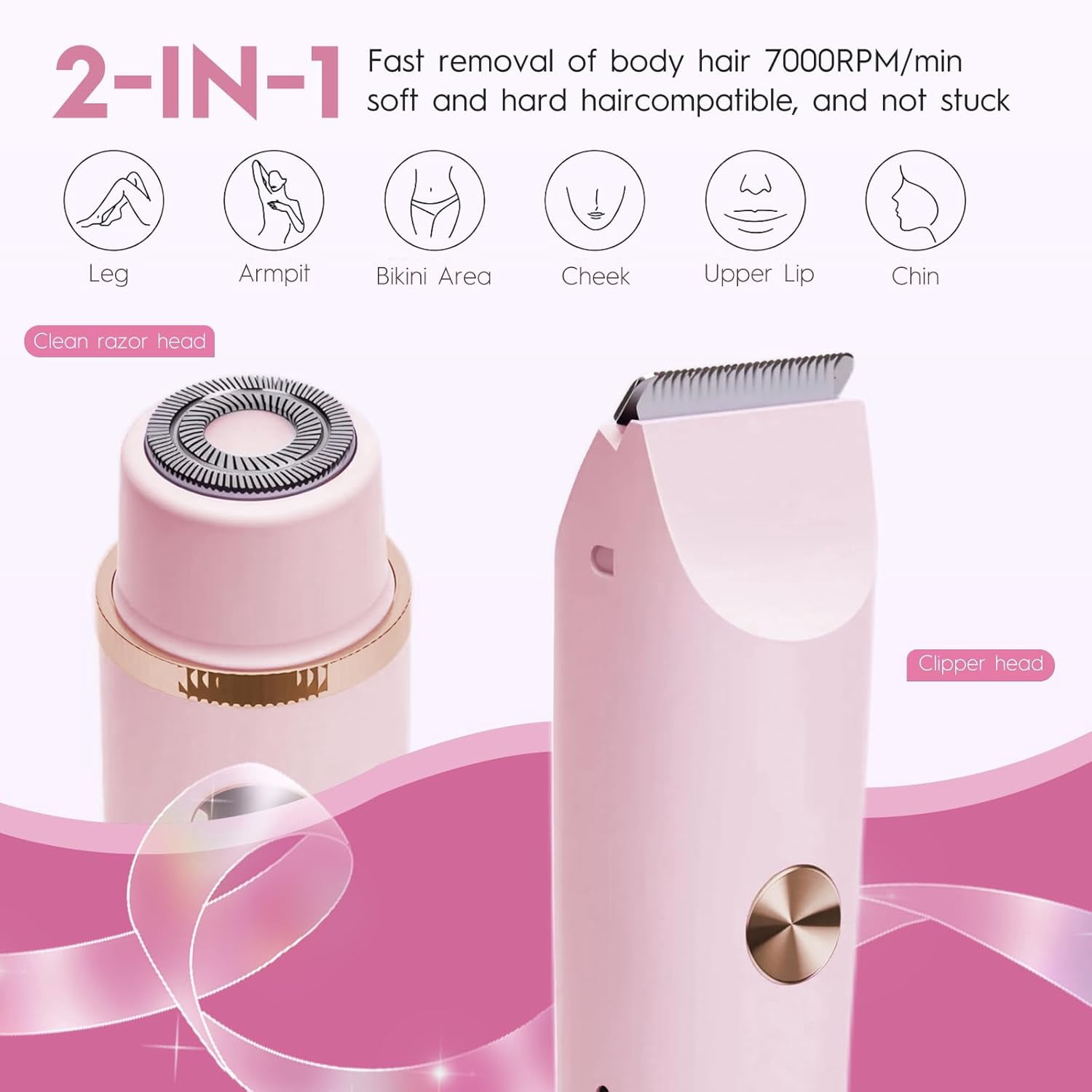 Bikini Trimmer for Women | 2-in-1 Painless Electric Razor & Hair Removal Device | IPX7 Waterproof Shaver for Pubic, Face, Legs, Underarms | Cordless Rechargeable Electric Shaver for Women & Men