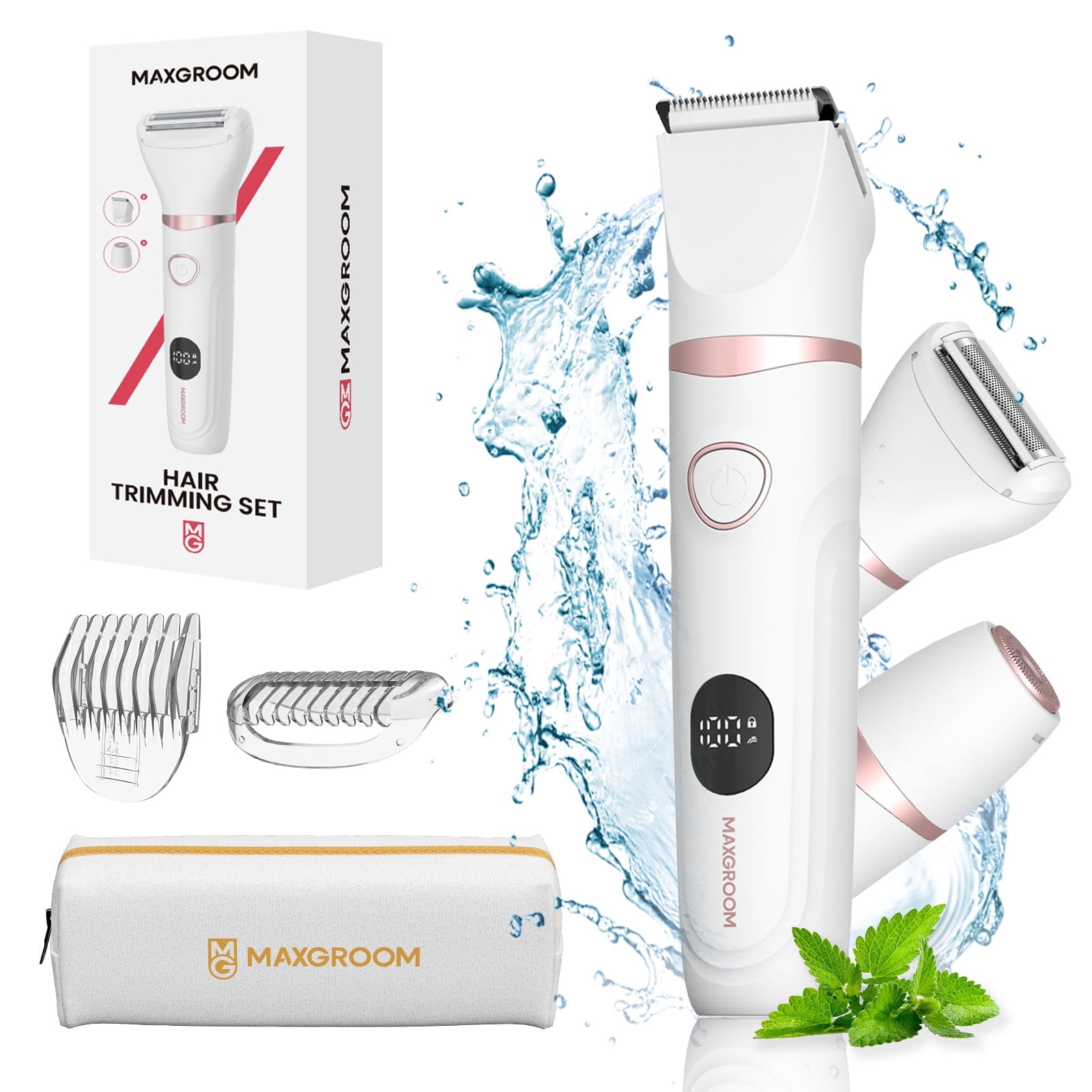 Bikini Trimmer for Women, 3 in 1 Electric Razors with LED Display, Waterproof Wet & Dry Use Hair Trimmer Kit for Ladies Pubic Legs Face Underarms, Type-C Rechargeable Portable Womens Body Shavers Set