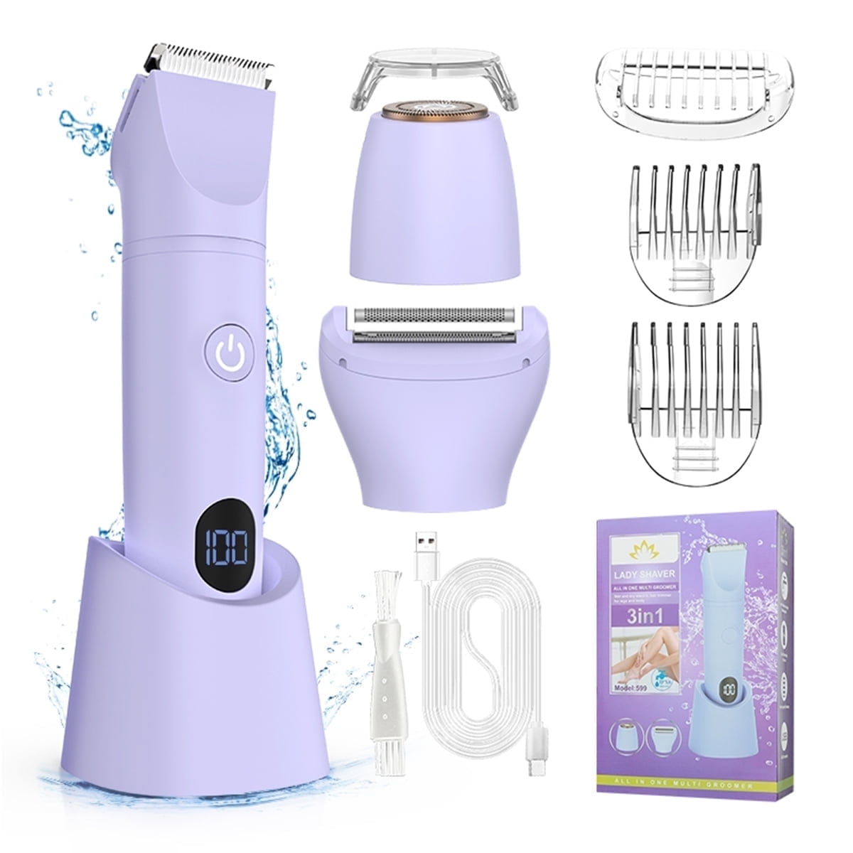 Bikini Trimmer for Women, 3 in 1 Electric Razors for Women, IPX7 Waterproof Wet Dry Body Shaver Pubic Hair Trimmer Facial Hair Remover with Ceramic Blade USB Recharge Dock Gift for Women