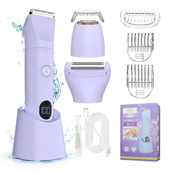Bikini Trimmer for Women, 3 in 1 Electric Razors for Women, IPX7 Waterproof Wet Dry Body Shaver Pubic Hair Trimmer Facial Hair Remover with Ceramic Blade USB Recharge Dock Gift for Women