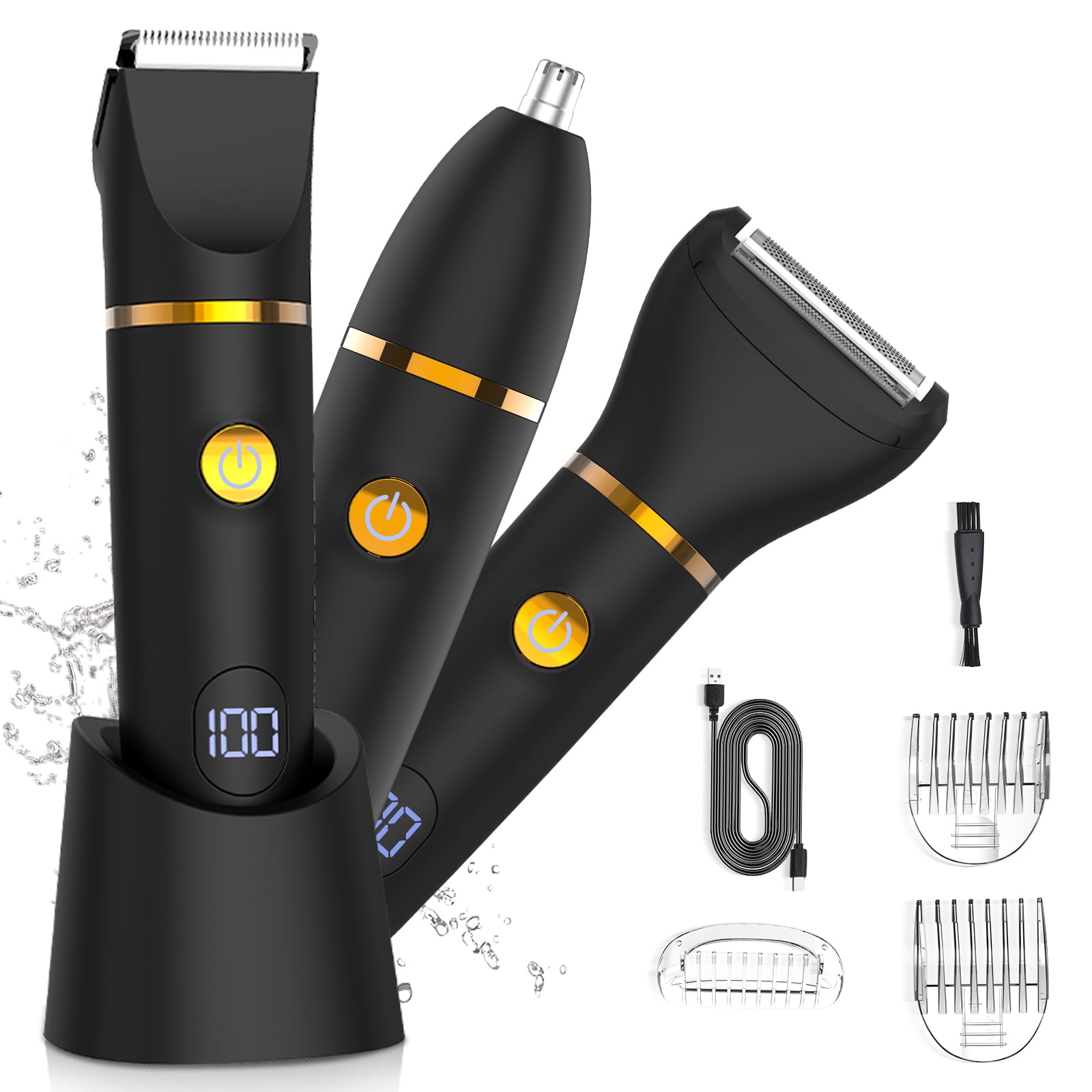 Bikini Trimmer for Men, 3 in 1 Electric Razors for Men, IPX7 Waterproof Wet Dry Body Shaver Pubic Hair Trimmer Facial Hair Remover with Ceramic Blade USB Recharge Dock Gift for Men