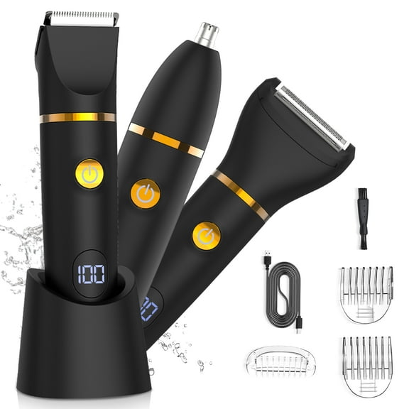 Bikini Trimmer for Men, 3 in 1 Electric Razors for Men, IPX7 Waterproof Wet Dry Body Shaver Pubic Hair Trimmer Facial Hair Remover with Ceramic Blade USB Recharge Dock Gift for Men