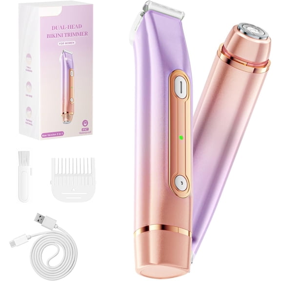 Bikini Trimmer for Women, Electric Razors with Dual Heads, Rechargeable Pubic Hair Trimmer with IPX7 , Painless Pro for Underarm Arm Private Area(DuskyRose)
