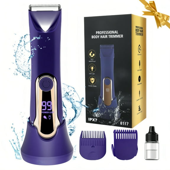 Bikini Trimmer for Women,Electric Razors for Women & LED Display,Wet/Dry Pubic Body Hair Trimmer,IPX7 Waterproof-Easy Cleaning Body Shaver Bikini Razor,Ceramic Blade,Women's Gifts,Purple