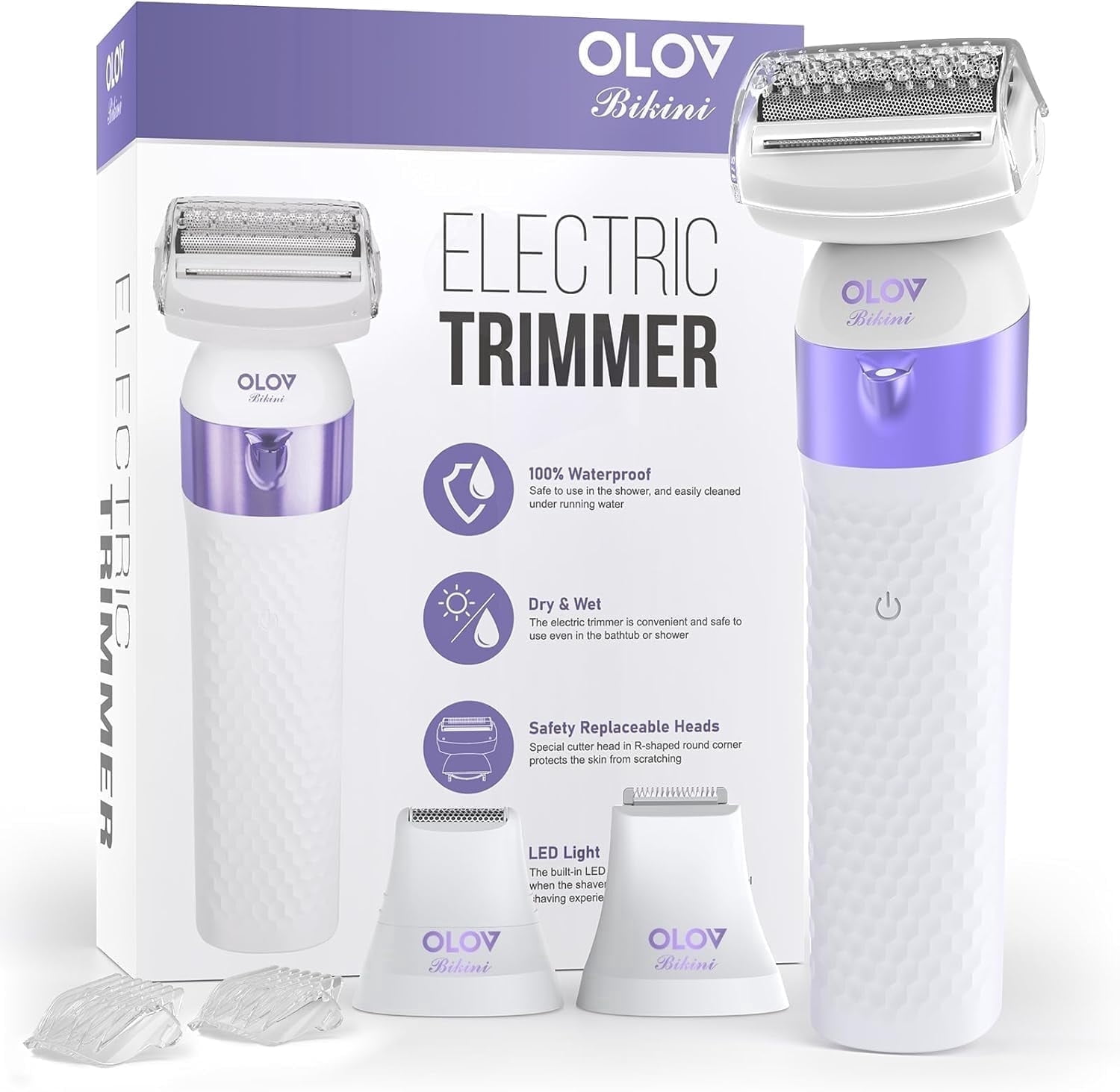 OLOV Usb Rechargeable Bikini Trimmer for Women, IPX7 Waterproof Wet/Dry Shaver, 3 Interchangeable Heads, Purple