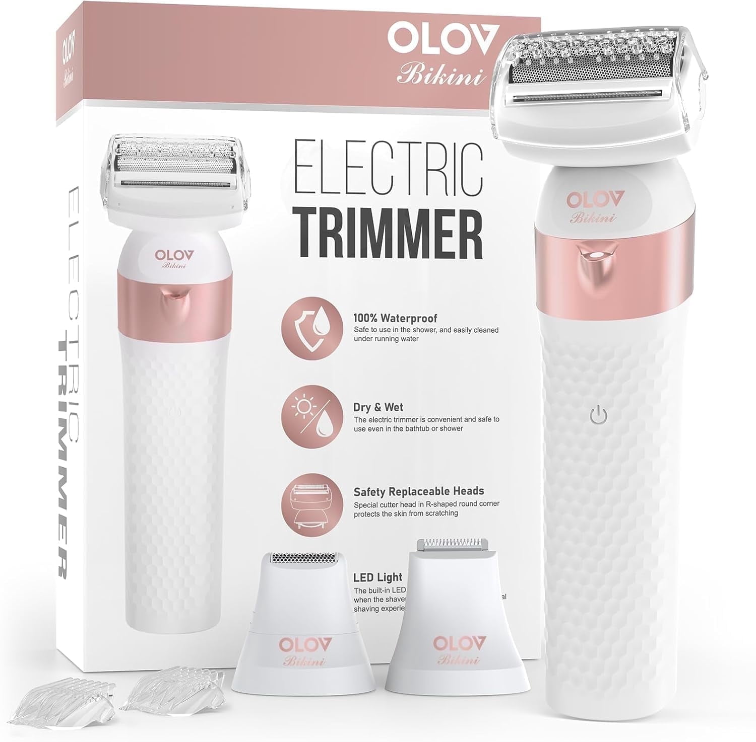 OLOV Bikini Trimmer for Women - IPX7 Waterproof Wet/Dry Electric Razors for Silk Skin, 3 Interchangeable Heads for Bikini, Legs, Underarms & Pubic Hair, Facial Hair Shaver for Women, Rose Gold