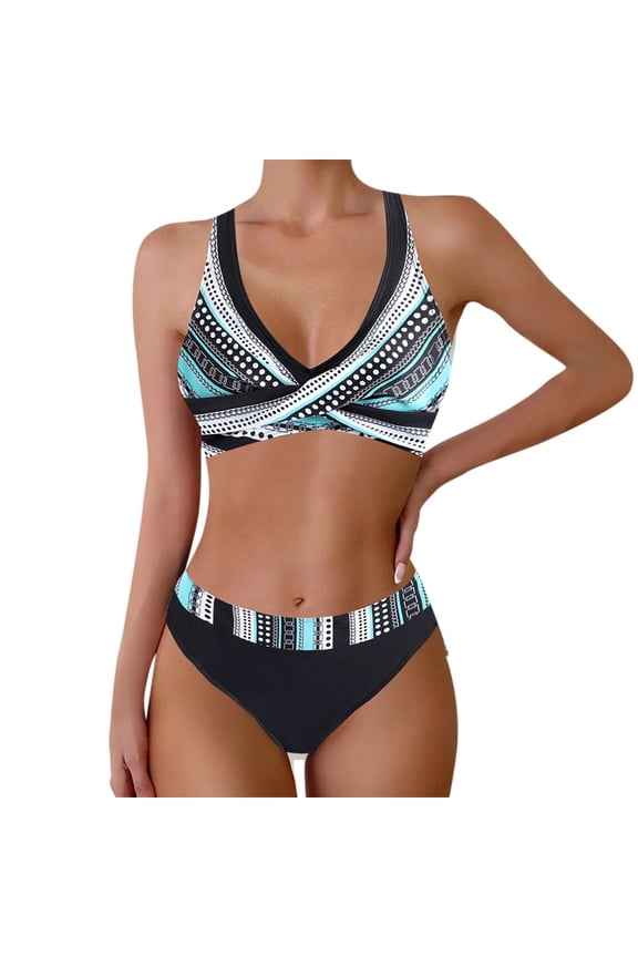 Bikini for Women Printed Tie Neck V Neck Bikini Set Bralette Top with Gathering Detail Brief Bottom Two Piece Blue XL