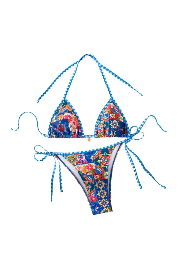 Bikini for Women Printed Triangle Cup Bikini Set Halter Top with String Bikini Bottom Split Swimsuit Summer Blue XS