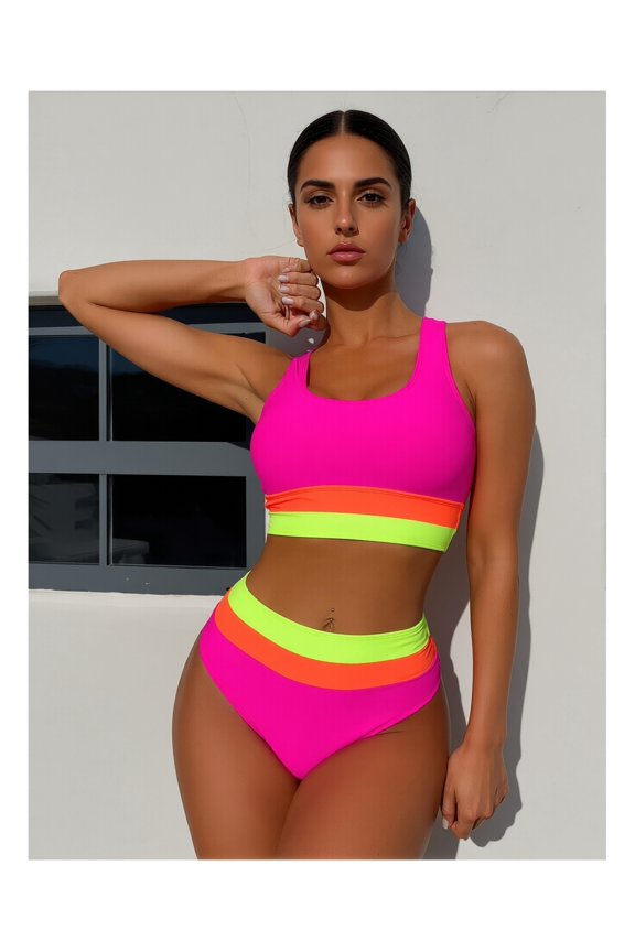 Bikini peach-colored spliced back-crossing belt high-waist triangle swimming trunks for ladies, suitable for beach wear