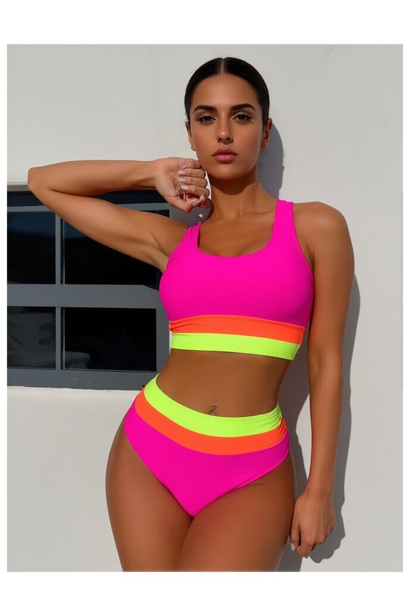 Bikini peach-colored spliced back-crossing belt high-waist triangle swimming trunks for ladies, suitable for beach wear