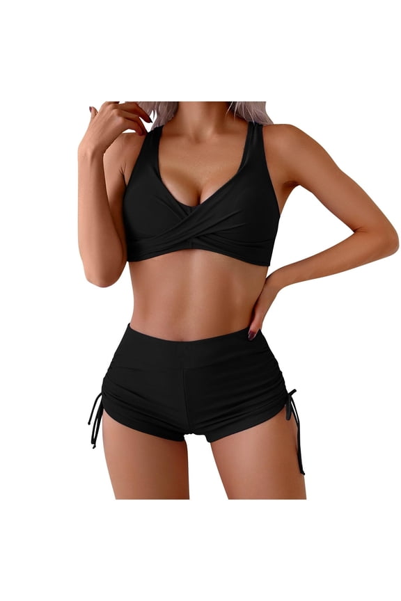 Bikini with Shorts for Women - Two Piece Twist Swimsuit with Boyshorts 2PC High Waist Side Drawstring Bathing Suit Swimwear
