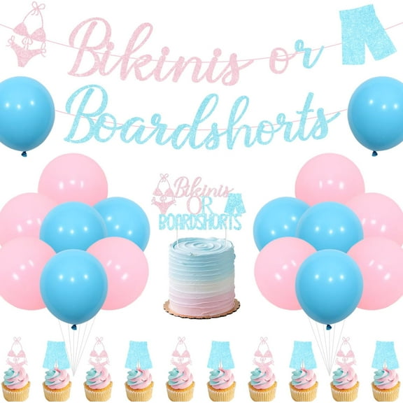 Bikinis or Boardshorts Gender Reveal Decoration Pink Blue Bikinis or Boardshorts Banner Glitter Cake Cupcake Toppers Latex Balloon for Beach Themed Baby Shower Boy or Girl Gender Reveal Party Supplies