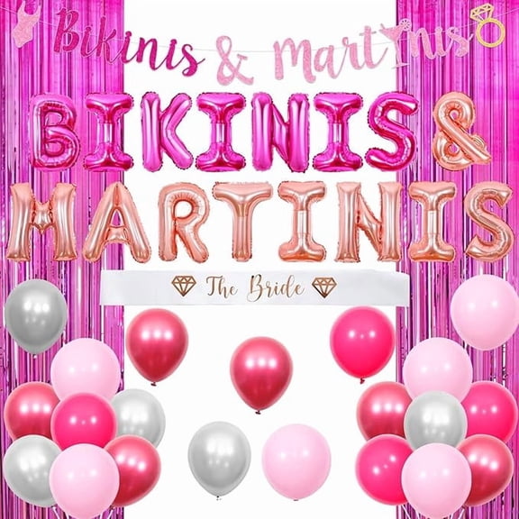 Bikinis and Martinis Bachelorette Decorations - Hot Pink Bikinis & Martinis Banner with Balloons, The Bride Sash, Love Diamond Ring Foil Balloon, Tinsel Curtain for Bridal Shower Engagement